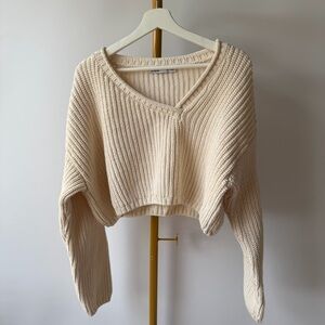 ZARA Chunky Knit Cropped Sweater Cream V-Neck Dolman Sleeve Sz M